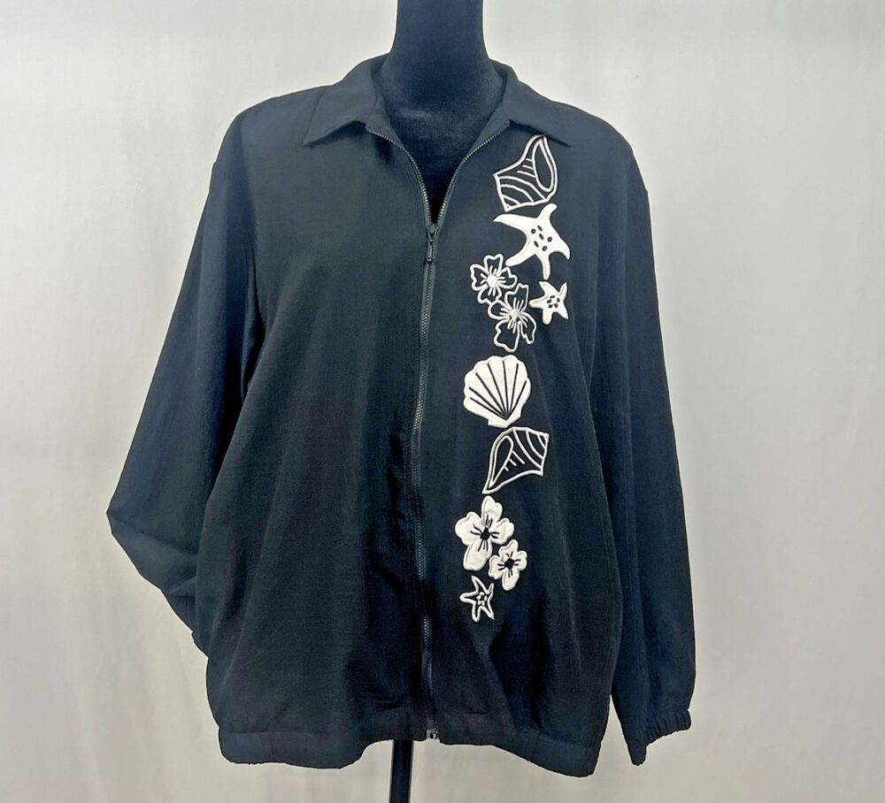Teddi Black‎ Embroidered Jacket Floral Zip Up Lightweight Large